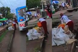 Collage photo of a tout pushing a girl in the Riruta area.